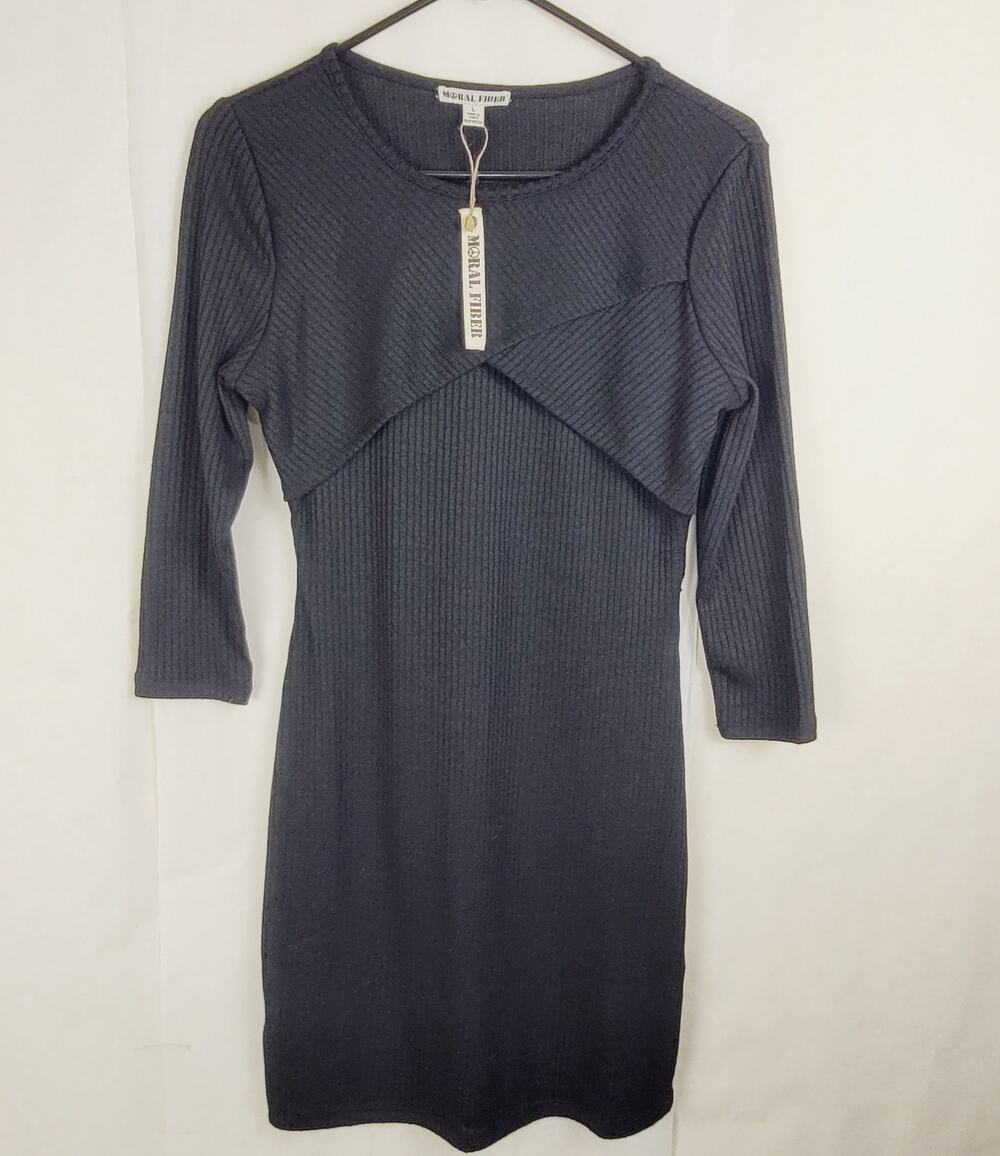 New Moral Fiber black ribbed knit sheath dress Size Large Goth Minimal